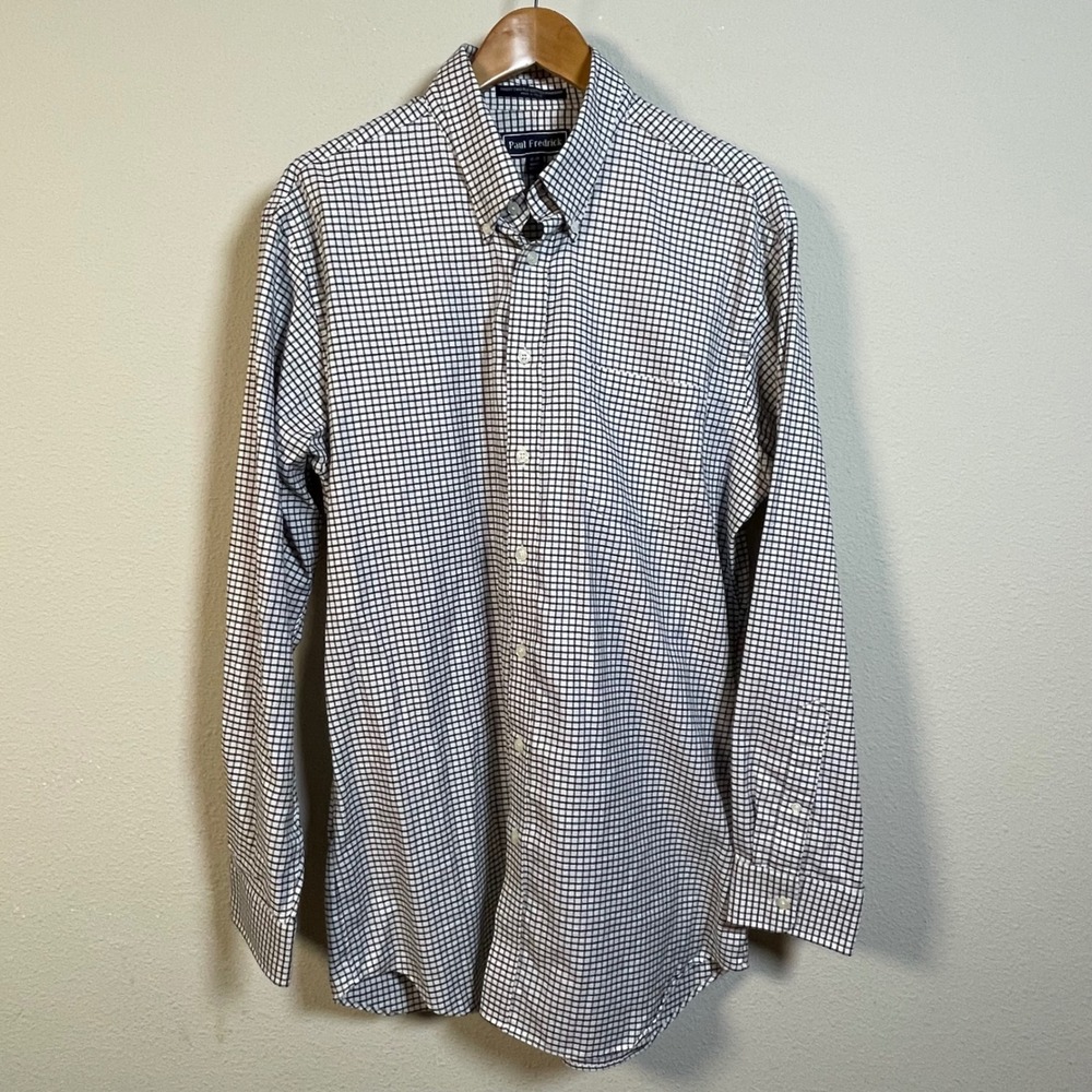Paul Fredrick Dress Shirt Mens 17-35 White Black Check Cotton Trim Fit Long Slv